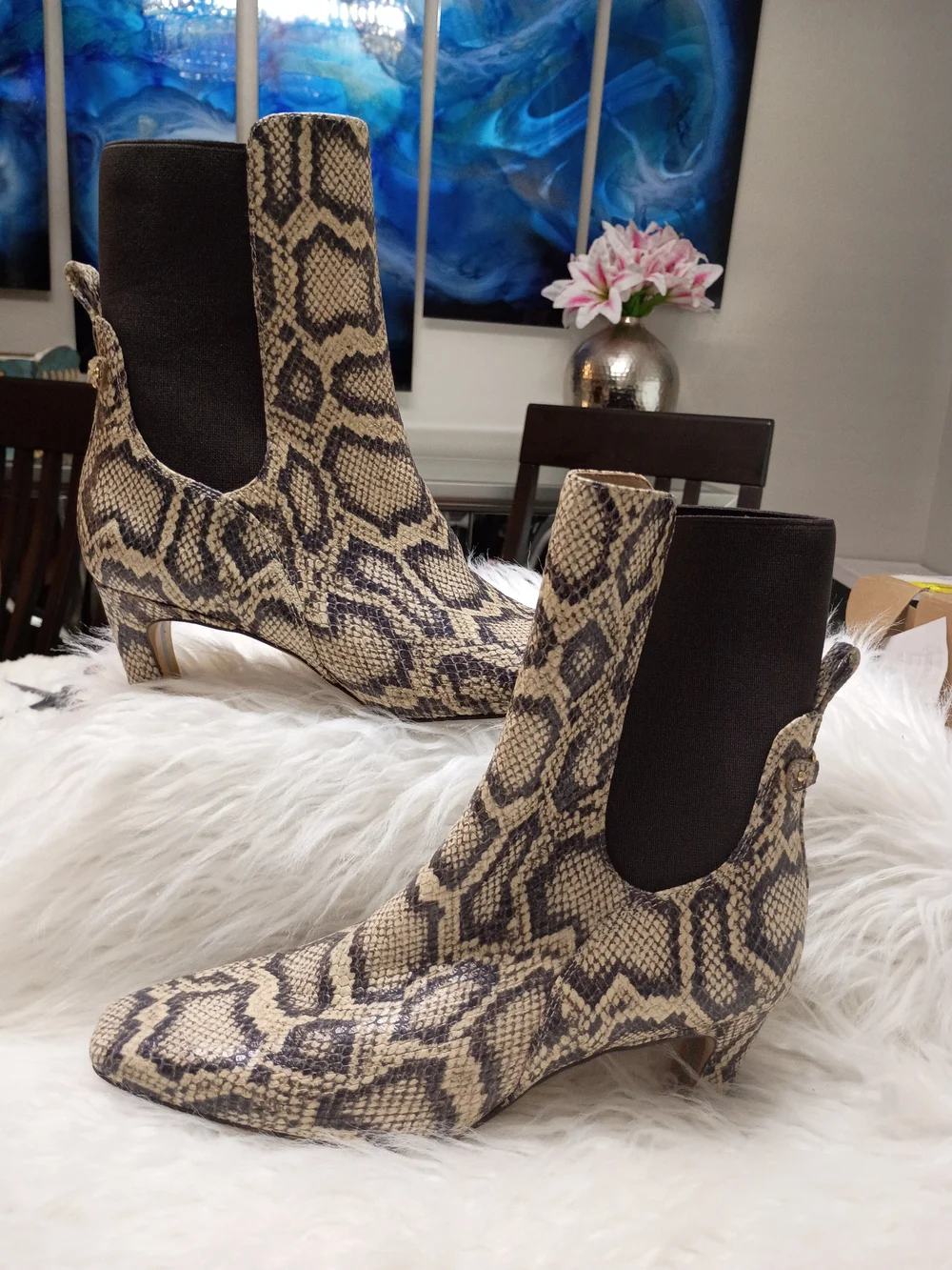 New Sam Edelman Margo Leather Snake-Print Chelsea Ankle Boots in Beige and Black